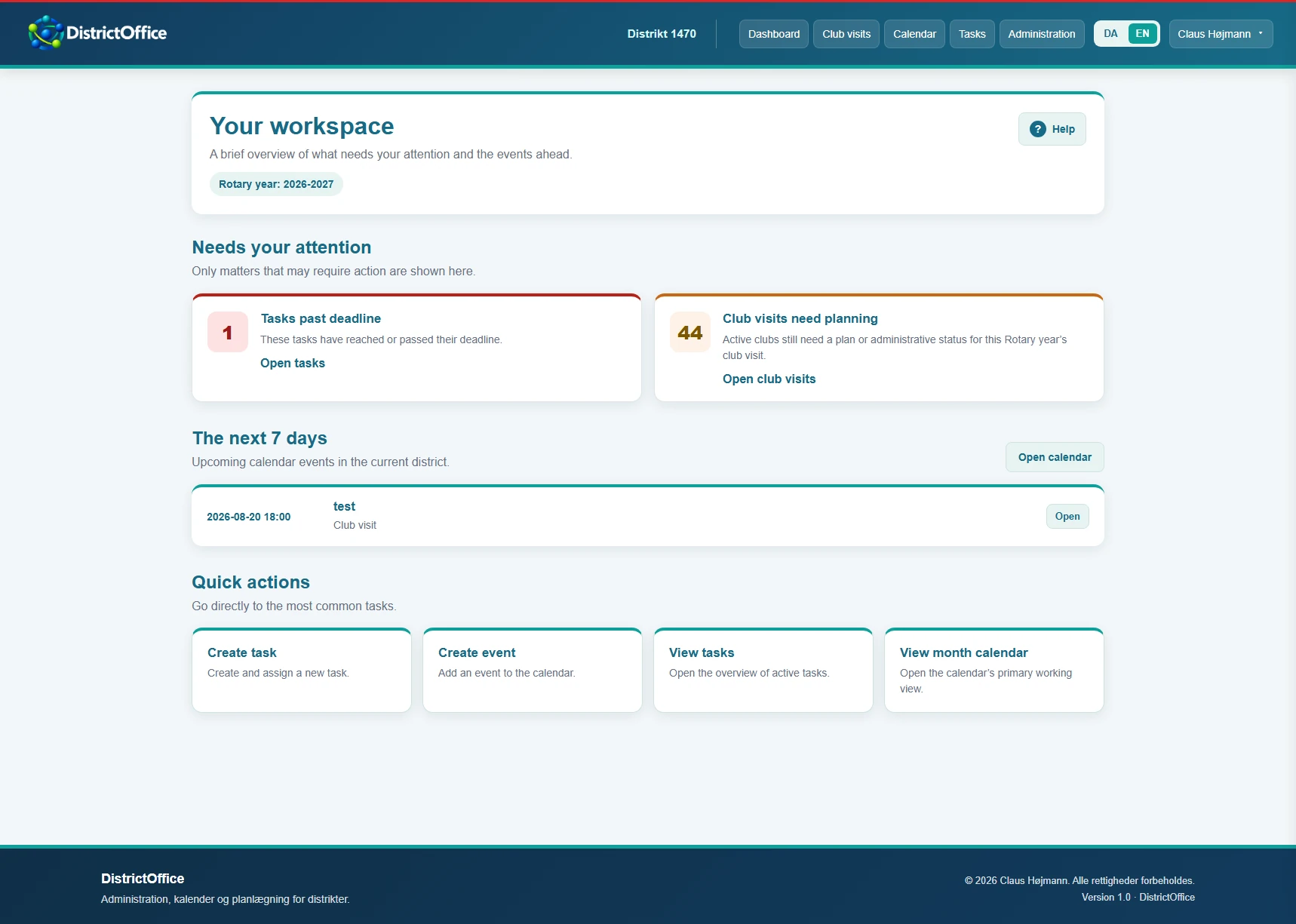 DistrictOffice dashboard with tasks, club visits and upcoming appointments