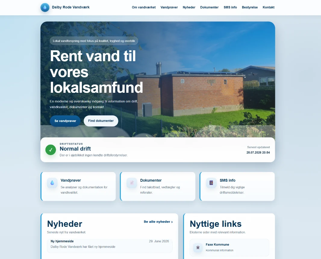 Forsiden på Dalby Rode Vandværks hjemmeside med driftsstatus og genveje